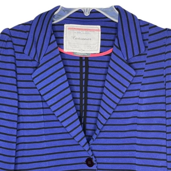 Anthropologie Cartonnier Royal Blue/Black Striped Ponte Ruffle Blazer - S - Picture 4 of 12